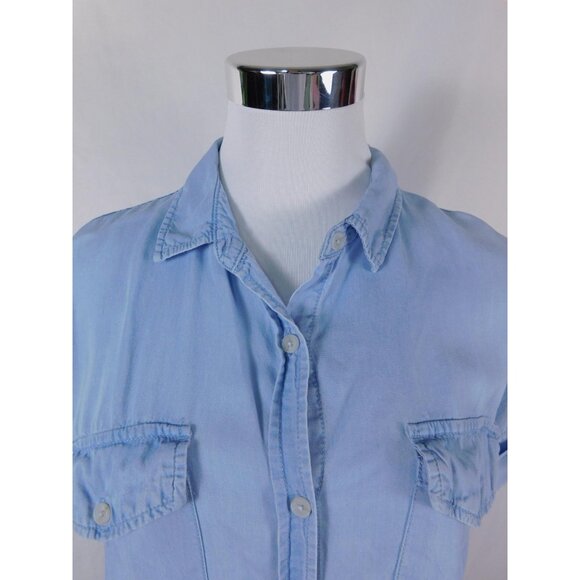 Thread Supply Shirt Womens Small Light Blue Tencel Button Front Short Sleeve - Picture 2 of 12